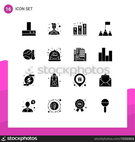 User Interface Pack of 16 Basic Solid Glyphs of temperature, global, graph, environment, mountains Editable Vector Design Elements