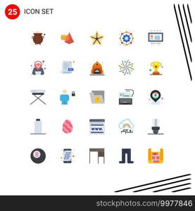 User Interface Pack of 25 Basic Flat Colors of billboard advertisement, working, beach, gear, affiliate Editable Vector Design Elements