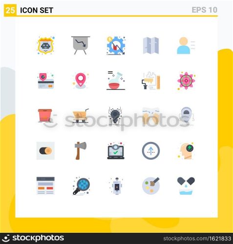 User Interface Pack of 25 Basic Flat Colors of card, person, chart, education, location Editable Vector Design Elements