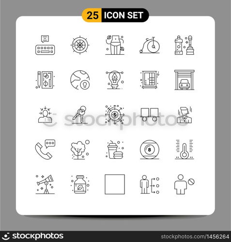 User Interface Pack of 25 Basic Lines of cleaner, vehicle, diet, transportation, bike Editable Vector Design Elements