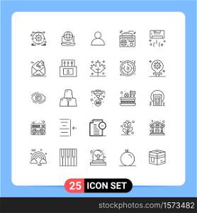 User Interface Pack of 25 Basic Lines of conditioner, audio, online, play, radio Editable Vector Design Elements