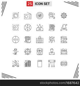 User Interface Pack of 25 Basic Lines of machine, search, achievement, medical, checkup Editable Vector Design Elements