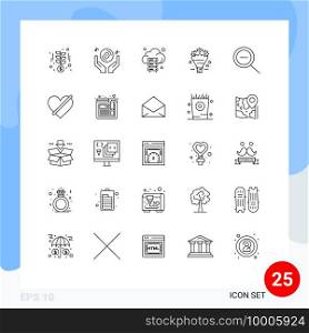 User Interface Pack of 25 Basic Lines of out, heart, party, love, technology Editable Vector Design Elements