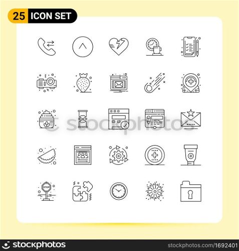 User Interface Pack of 25 Basic Lines of projector, business, care, analytics, time Editable Vector Design Elements