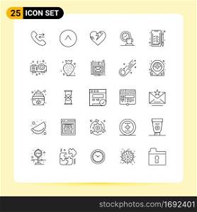 User Interface Pack of 25 Basic Lines of projector, business, care, analytics, time Editable Vector Design Elements