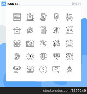 User Interface Pack of 25 Basic Lines of train, samples, app, sugar test, blood Editable Vector Design Elements