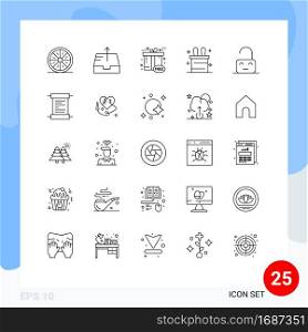 User Interface Pack of 25 Basic Lines of unlock, off, black friday, control, magic trick Editable Vector Design Elements