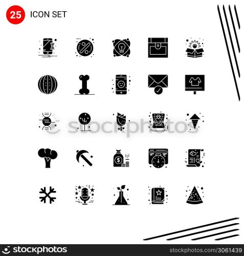 User Interface Pack of 25 Basic Solid Glyphs of box, marketing, idea, treasure, chest Editable Vector Design Elements