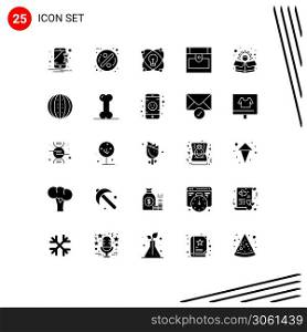 User Interface Pack of 25 Basic Solid Glyphs of box, marketing, idea, treasure, chest Editable Vector Design Elements