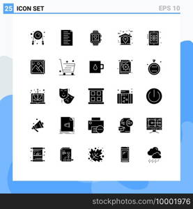 User Interface Pack of 25 Basic Solid Glyphs of currency symbol, banking, love, idea, design Editable Vector Design Elements