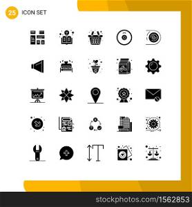 User Interface Pack of 25 Basic Solid Glyphs of disruptive, circulation, basket, abstract, plates Editable Vector Design Elements