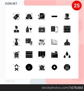 User Interface Pack of 25 Basic Solid Glyphs of hat, remove, paper, minus, delete Editable Vector Design Elements