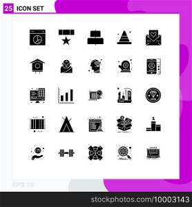 User Interface Pack of 25 Basic Solid Glyphs of heart, construction, military, cone, horizontal Editable Vector Design Elements