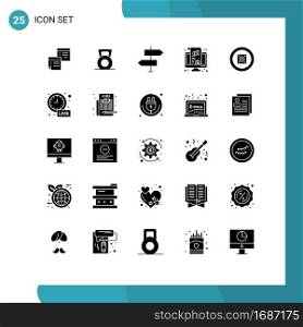 User Interface Pack of 25 Basic Solid Glyphs of kpi, signs, fitness, direction, arrows Editable Vector Design Elements