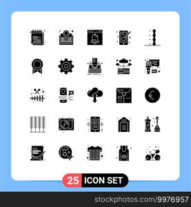 User Interface Pack of 25 Basic Solid Glyphs of mobile, design, search, creativity, interface Editable Vector Design Elements