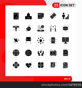 User Interface Pack of 25 Basic Solid Glyphs of tickets, movie tickets, christian building, movie raffle, report Editable Vector Design Elements