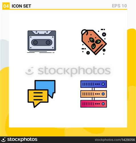 User Interface Pack of 4 Basic Filledline Flat Colors of cassette, bubbles, tape, eco label, customer Editable Vector Design Elements