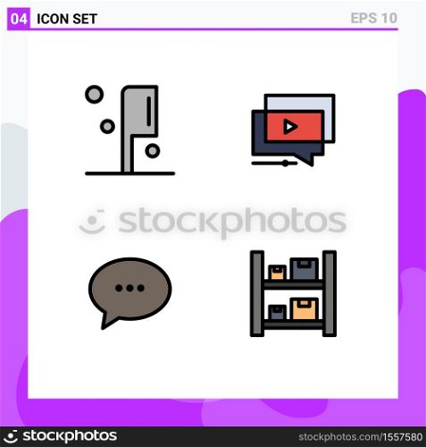 User Interface Pack of 4 Basic Filledline Flat Colors of food, conversation, play, video, bubble Editable Vector Design Elements