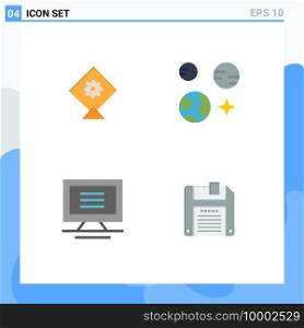 User Interface Pack of 4 Basic Flat Icons of kite, floppy, earth, monitor, save Editable Vector Design Elements