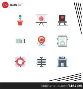 User Interface Pack of 9 Basic Flat Colors of briefcase in map pin, bag, slide, simple, battery Editable Vector Design Elements
