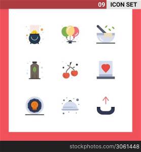 User Interface Pack of 9 Basic Flat Colors of cherry, agriculture, party, plant, restaurant Editable Vector Design Elements