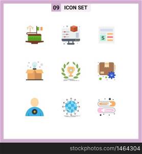 User Interface Pack of 9 Basic Flat Colors of cup, box, printing, bulb, bank Editable Vector Design Elements