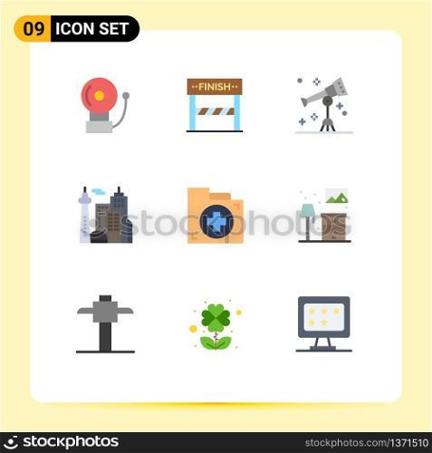 User Interface Pack of 9 Basic Flat Colors of document, aid, science, palace, building Editable Vector Design Elements