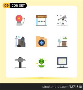User Interface Pack of 9 Basic Flat Colors of document, aid, science, palace, building Editable Vector Design Elements