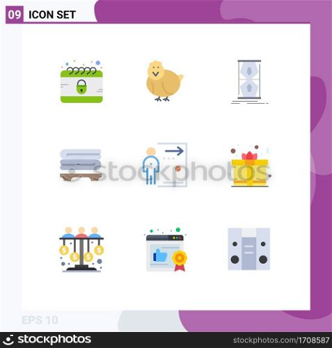 User Interface Pack of 9 Basic Flat Colors of employee, wellness, access, towels, time Editable Vector Design Elements