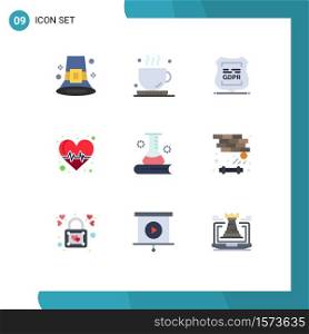 User Interface Pack of 9 Basic Flat Colors of health care, heart, tea, beat, privacy Editable Vector Design Elements