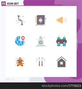 User Interface Pack of 9 Basic Flat Colors of money, pin, development, location, on Editable Vector Design Elements