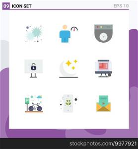 User Interface Pack of 9 Basic Flat Colors of moon, security, indicator, lock, security Editable Vector Design Elements