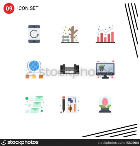 User Interface Pack of 9 Basic Flat Colors of network, internet, tree, globe, shopping Editable Vector Design Elements