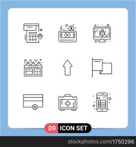 User Interface Pack of 9 Basic Outlines of arrow, kitchen, video, kettle, security Editable Vector Design Elements