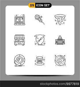 User Interface Pack of 9 Basic Outlines of arrow, trust, blade, shop, city Editable Vector Design Elements