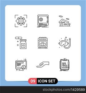 User Interface Pack of 9 Basic Outlines of baking, temperature, safety, rainy, house Editable Vector Design Elements