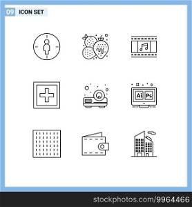 User Interface Pack of 9 Basic Outlines of beamer, question, animation, information, help Editable Vector Design Elements