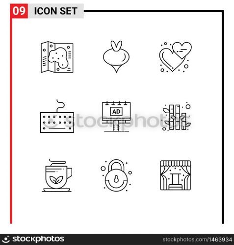 User Interface Pack of 9 Basic Outlines of board, type, affection, keyboard, love hearts Editable Vector Design Elements