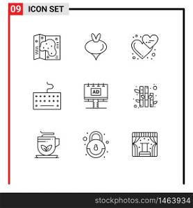 User Interface Pack of 9 Basic Outlines of board, type, affection, keyboard, love hearts Editable Vector Design Elements