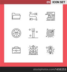 User Interface Pack of 9 Basic Outlines of darts, kitchen, coffee, fork, education Editable Vector Design Elements