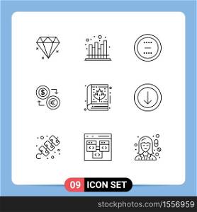User Interface Pack of 9 Basic Outlines of finance, dollar, circle, currency, exchange Editable Vector Design Elements