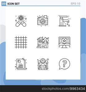 User Interface Pack of 9 Basic Outlines of fire, architecture, faucet, streamline, layout Editable Vector Design Elements