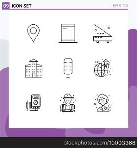 User Interface Pack of 9 Basic Outlines of global, commentator, electronic, commentator, city Editable Vector Design Elements