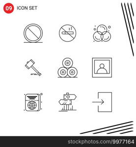 User Interface Pack of 9 Basic Outlines of hammer, court, art, auction, graphic Editable Vector Design Elements