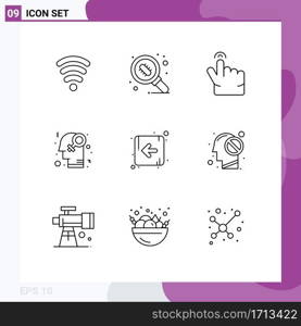 User Interface Pack of 9 Basic Outlines of human, direction, gesture, arrow, homophile Editable Vector Design Elements