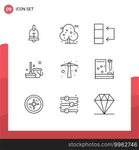 User Interface Pack of 9 Basic Outlines of job, hard work, data, sweep, clean Editable Vector Design Elements