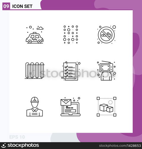 User Interface Pack of 9 Basic Outlines of list, check, no smoking, heating, hot Editable Vector Design Elements