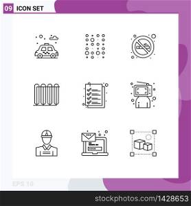 User Interface Pack of 9 Basic Outlines of list, check, no smoking, heating, hot Editable Vector Design Elements