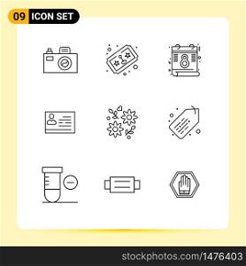 User Interface Pack of 9 Basic Outlines of love, flower, day, id, card Editable Vector Design Elements