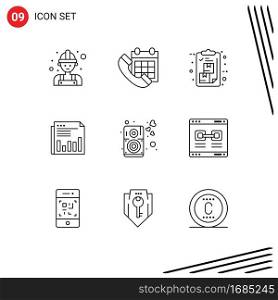 User Interface Pack of 9 Basic Outlines of market, business, phone, newspaper, list Editable Vector Design Elements